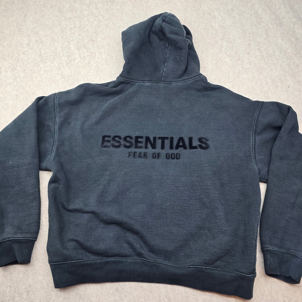 Fear of God Essentials Hoodie Washed Black Flocked Logo Pullover XS